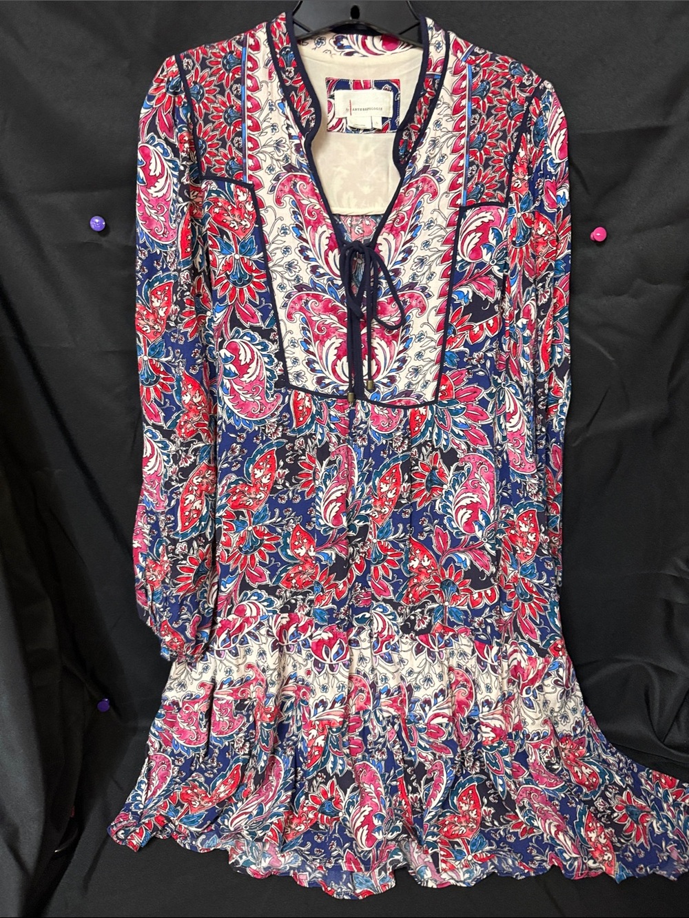 Anthropologie Navy, Pink and Red Paisley Long-Sleeve Tiered Dress